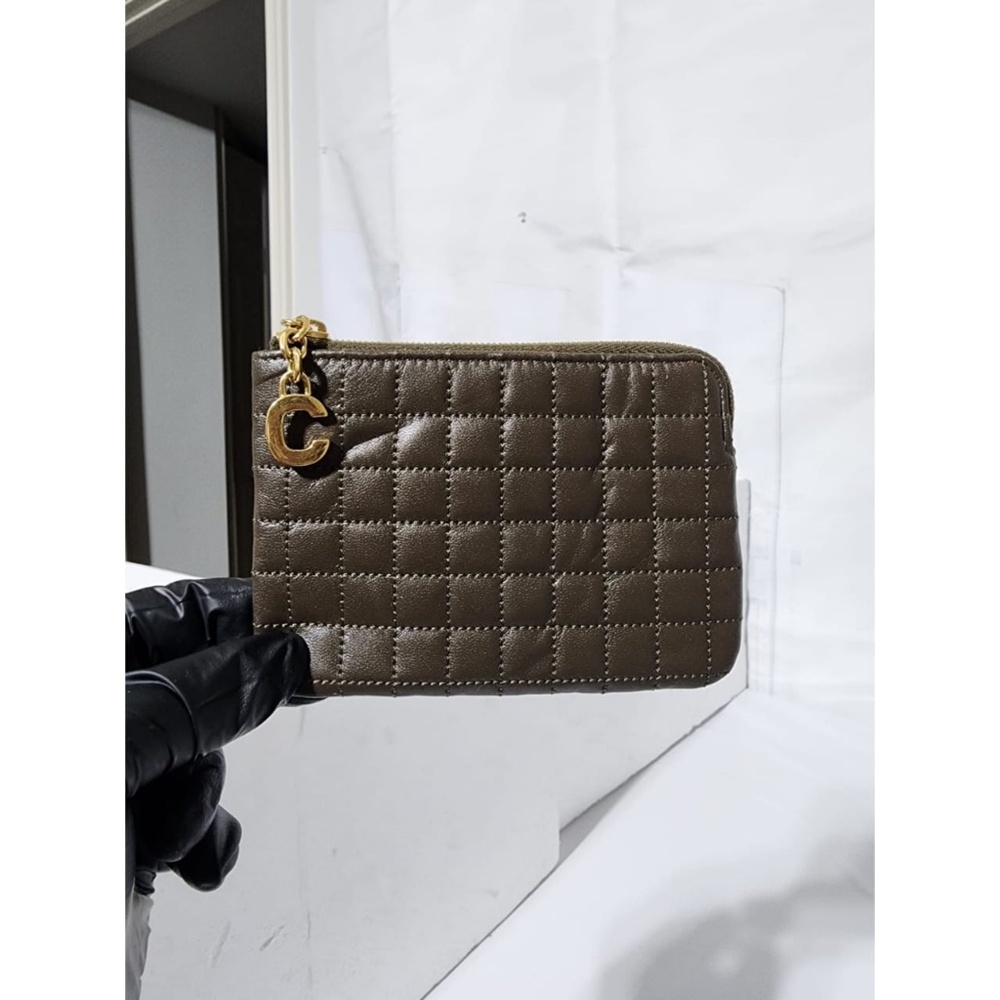 Authentic CELINE Calfskin Quilted C Charm Coin Card Pouch/Wallet Army Green